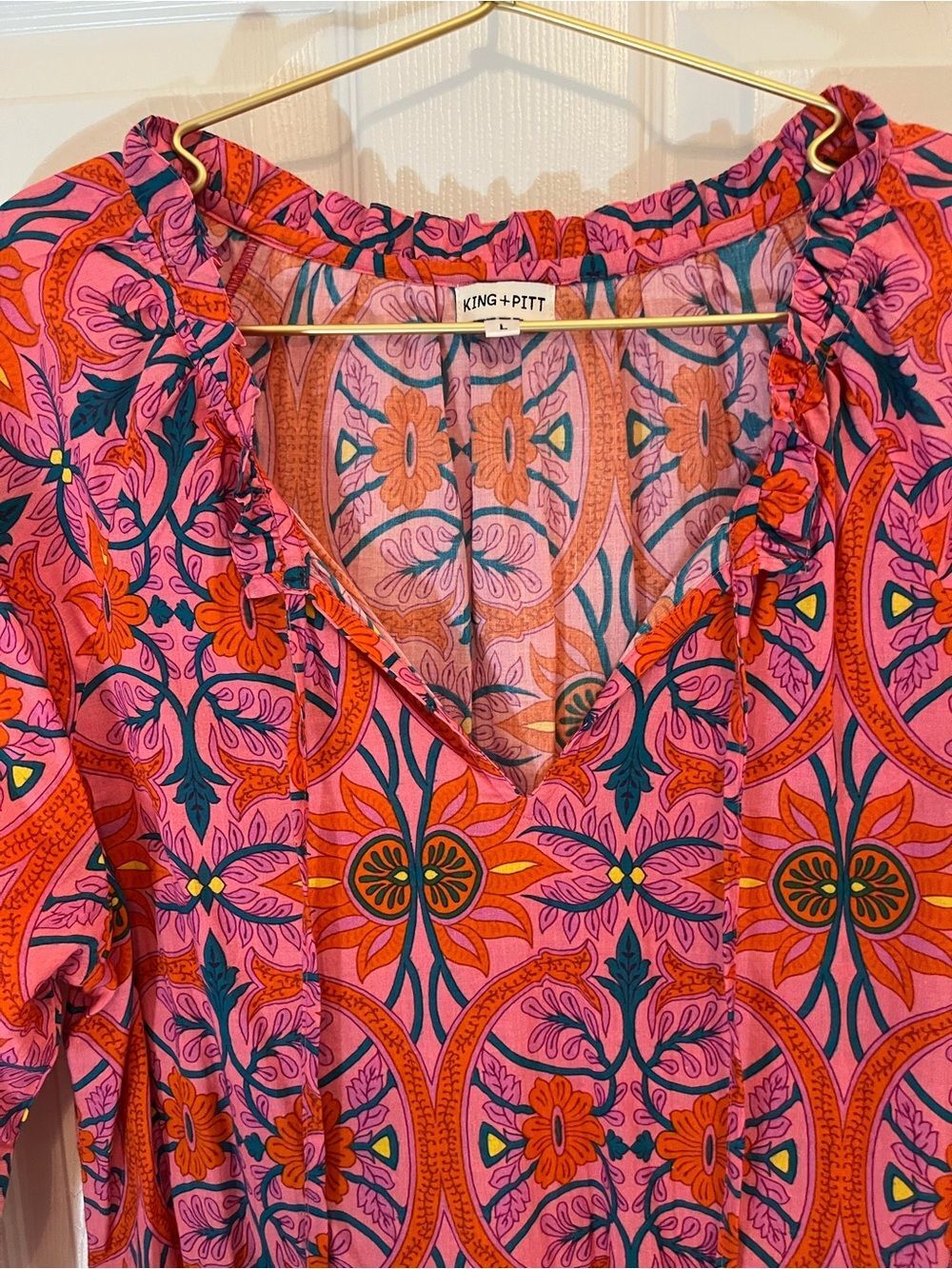KING + PITT Pink Orange Floral Boho Tiered Dress Size Large - Picture 13 of 14
